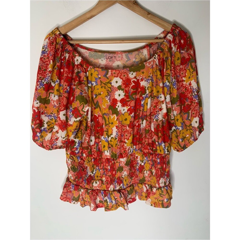 LOFT Red Multi Floral Cotton Puff Sleeve Smocked Waist Blouse S Spring